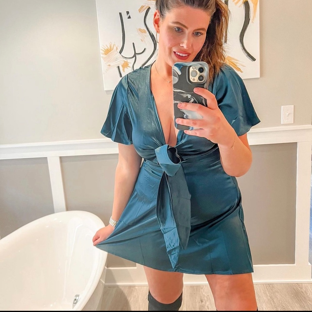 Green v neck tie front satin mini dress